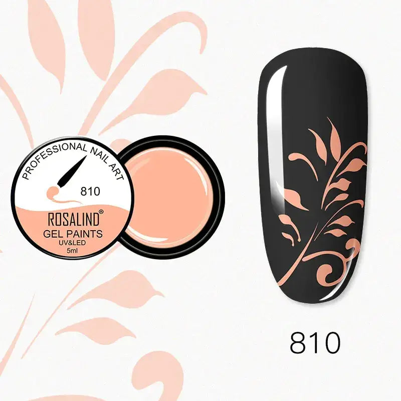 Rosalind 810 gel nail paint in a sleek black jar with peach-colored polish, shown applied to a glossy black fingernail as an elegant leaf design.