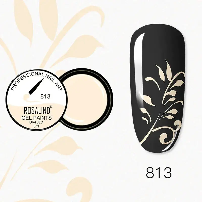 Rosalind brand gel nail paint in a sleek black container with a creamy beige interior, labeled as shade 813 for professional nail art.