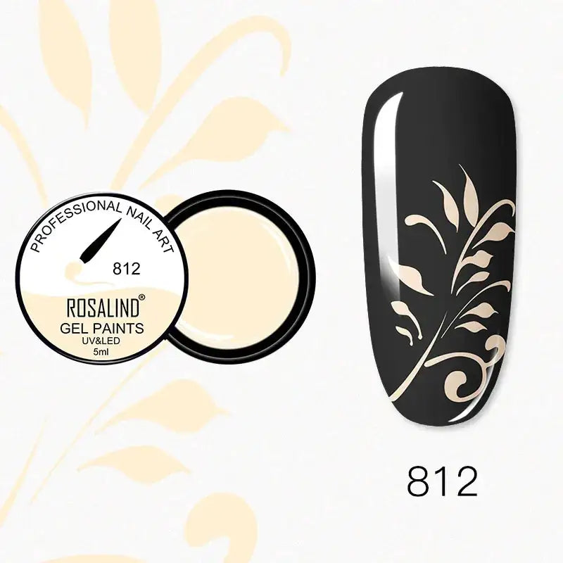 Cream-colored rosalind gel nail paint in a black container, shown alongside a finished manicure with delicate beige leaf patterns on a glossy black base.