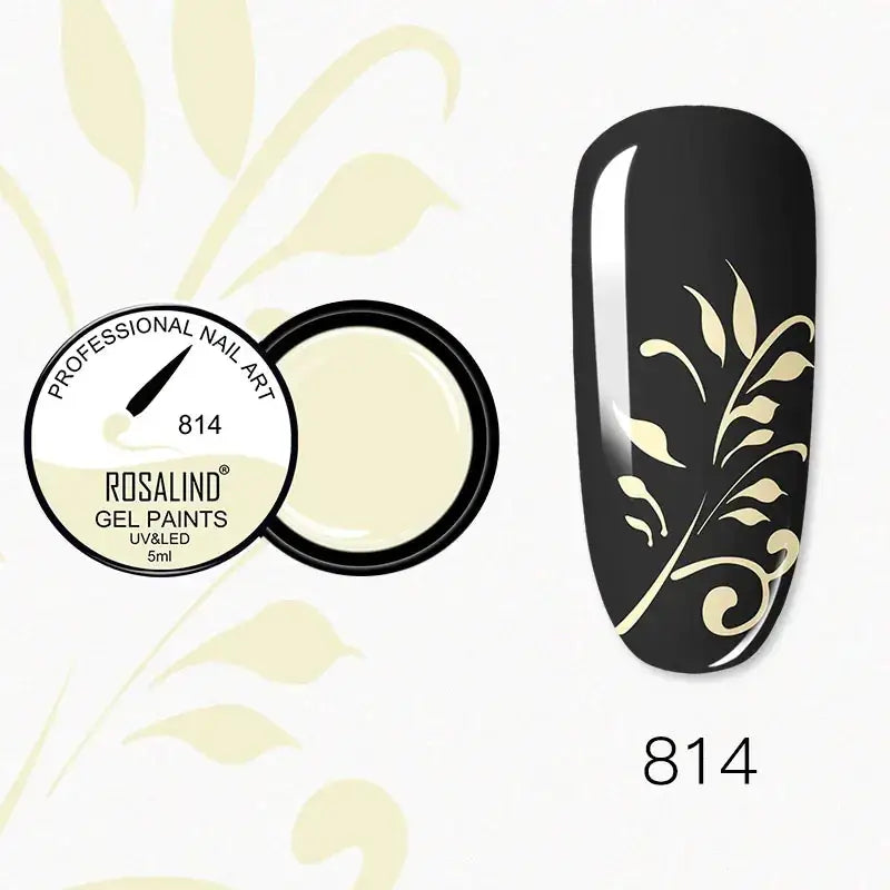 Cream-colored rosalind gel nail paint in a black container, shown alongside a finished manicure with gold leaf-patterned design on a glossy black base.