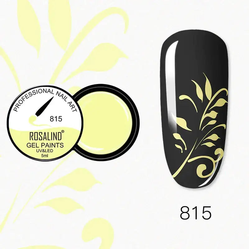 A sleek black nail with delicate gold leaf patterns, showcasing rosalind gel paints in shade 815.