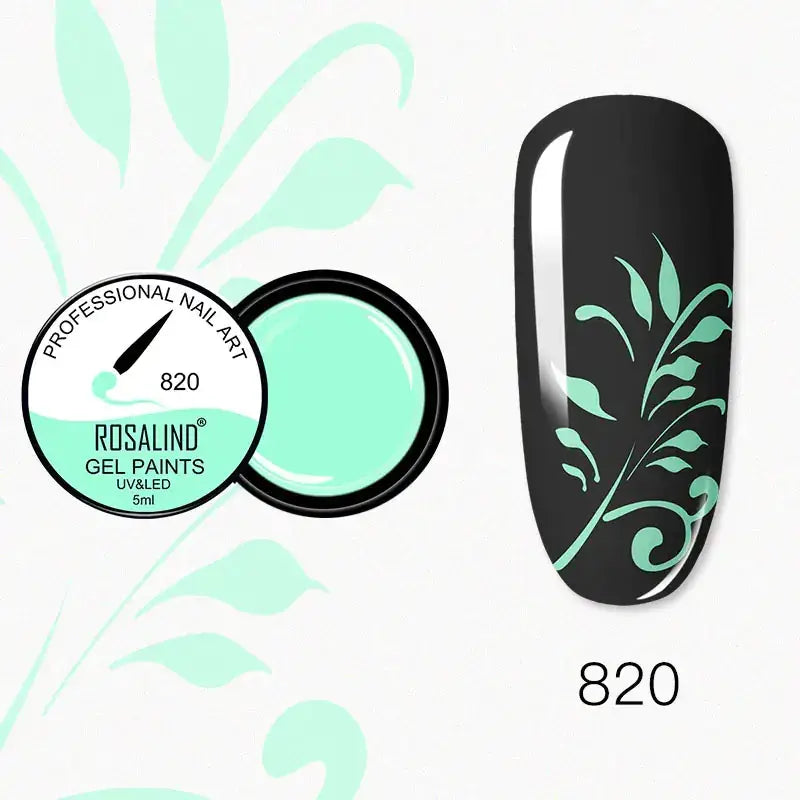 Mint green gel nail paint in a black container, shown alongside a finished manicure with the same color applied to a dark base.