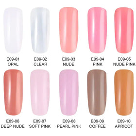 A collection of ten nail polish shades in a glossy finish, featuring colors ranging from opal and clear to nude pink, soft pink, pearl pink, coffee, apricot, deep nude, and more.