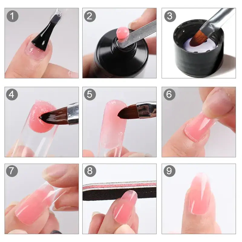 Pink gel nail polish being applied with a brush to a clear acrylic nail tip.