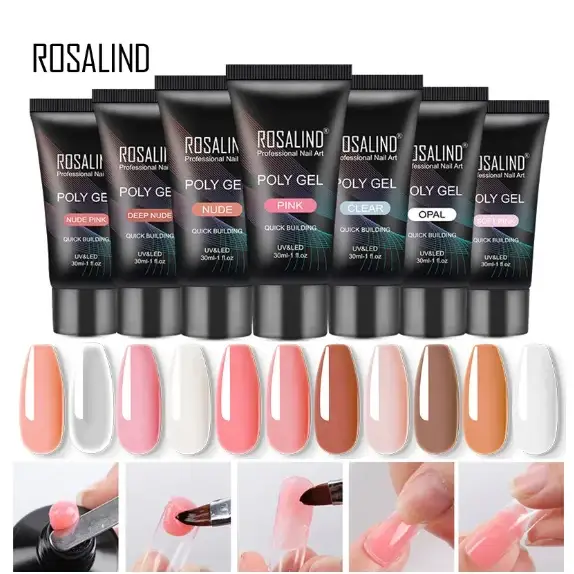 Rosalind professional nail art poly gel in a set of eight black tubes with colorful labels showcasing shades like nude pink, deep nude, and opal.