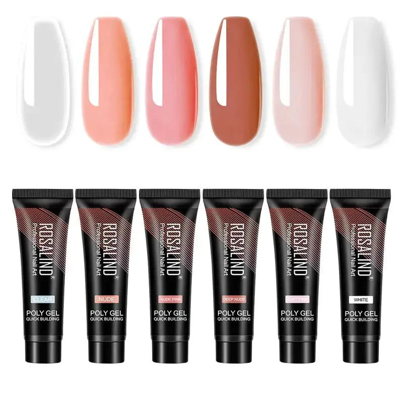 Set of six rosalind poly gel quick building nail art tubes in clear, nude, nude pink, deep nude, light pink, and white shades.