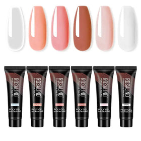 Set of six rosalind poly gel quick building nail art tubes in clear, nude, nude pink, deep nude, light pink, and white shades.