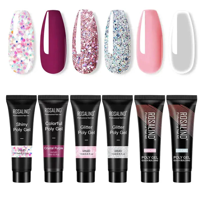 Set of six rosalind professional nail art poly gel tubes featuring assorted colors and glitter finishes in sleek black packaging.