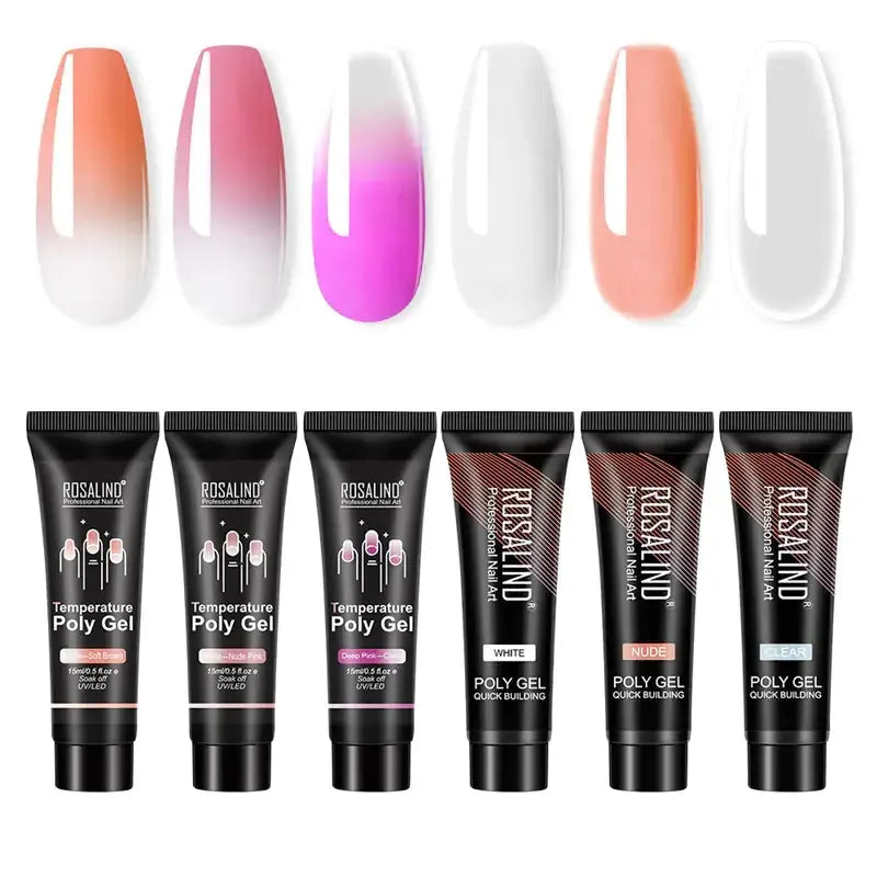 Set of six rosalino temperature poly gel nail art products in black tubes with gradient color swatches above, including shades like peach-to-white ombre and vibrant pink.