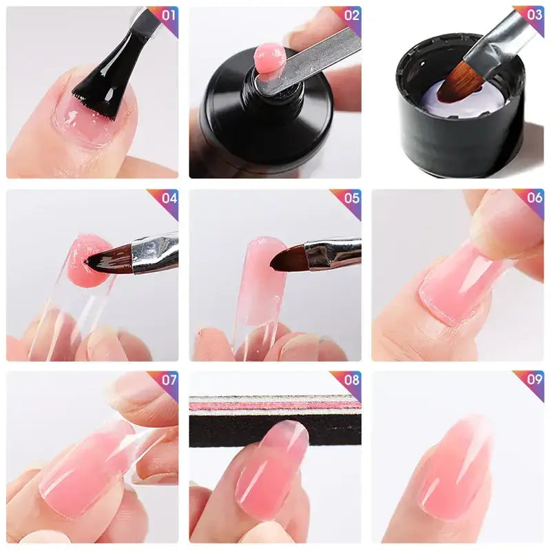 Pink gel nail polish being applied to a fingernail using a brush.