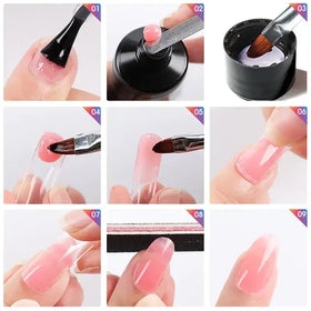 Pink gel nail polish being applied to a fingernail using a brush.