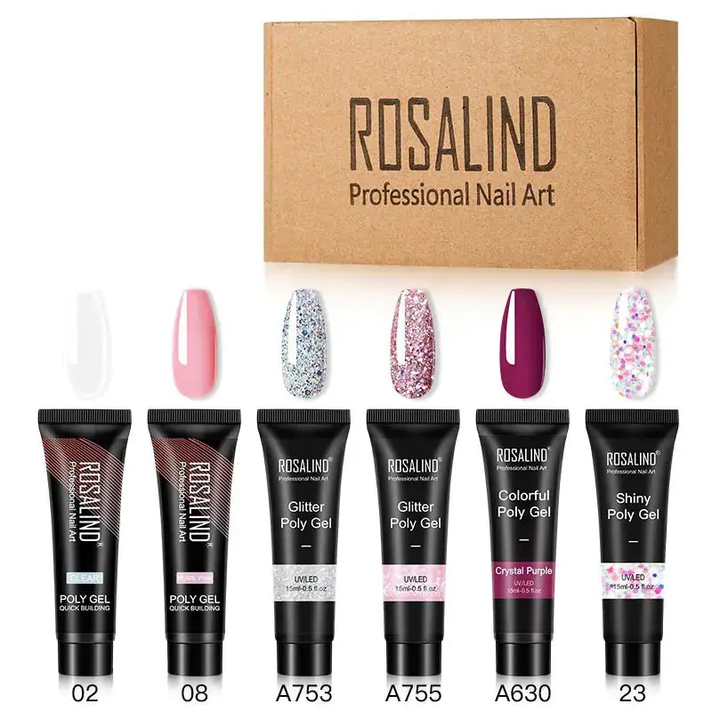 Rosalind professional nail art set featuring six black-tubed poly gel products with assorted colors and glitter finishes, including clear, pink, silver sparkles, rose gold, deep purple, and multi-color confetti.