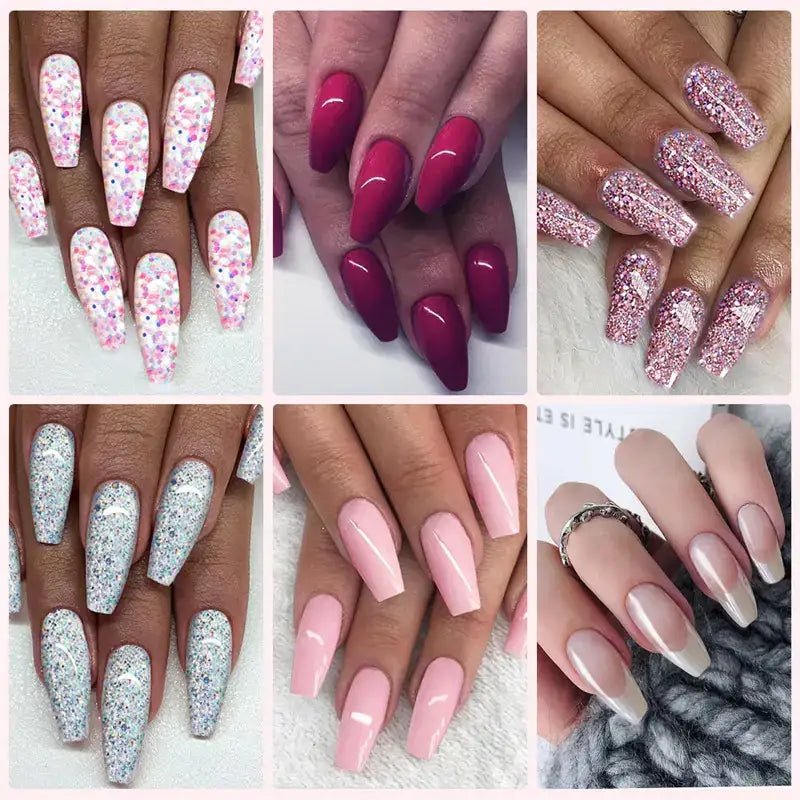 A set of six different nail art designs featuring long, coffin-shaped nails with glittery pink and white accents, solid deep magenta polish, rose gold sparkles, silver glitter, soft pastel pink gradients, and a classic french manicure.