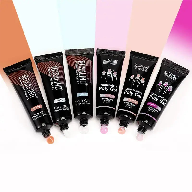 Six black rosalind professional nail art tubes, each containing a different colored poly gel with visible product names and shades like nude, white, clear, pink, and purple.
