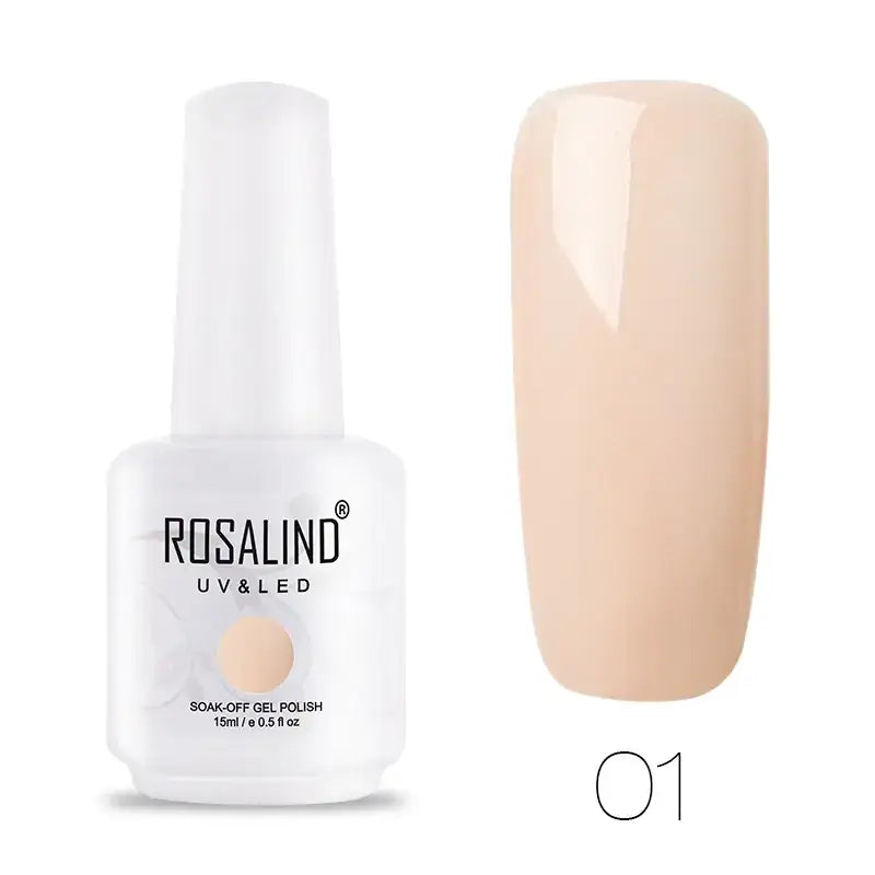 A sleek white bottle of rosalind uv&led soak-off gel polish, featuring a nude beige shade labeled as 01.