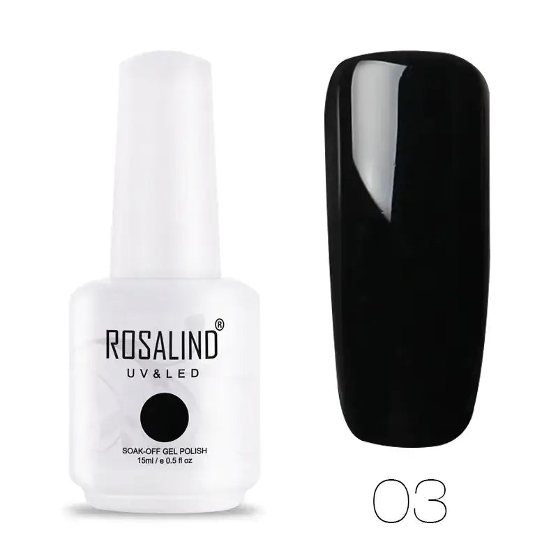 White bottle of rosalind uv & led soak-off gel polish in black, labeled as shade 03.