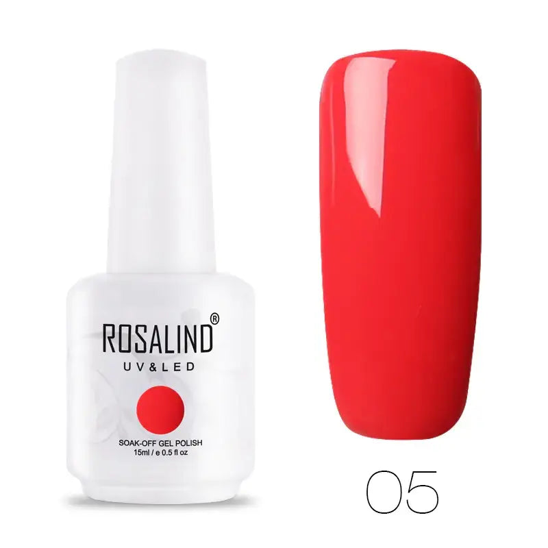 Rosalind uv & led soak-off gel polish in a vibrant red shade, presented with its sleek white bottle and matching nail application.