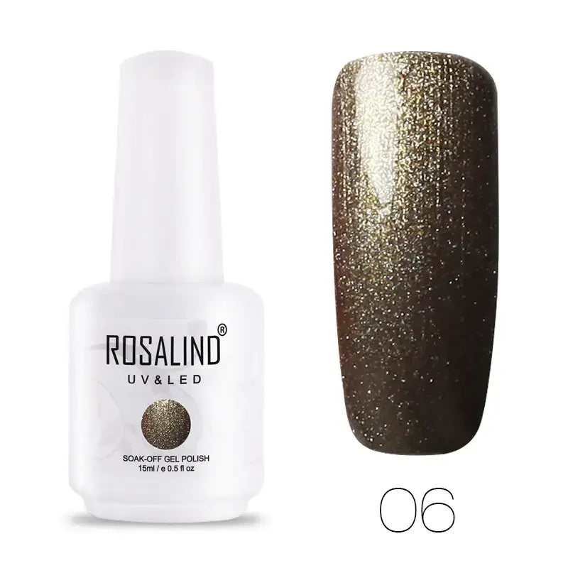 A sleek white bottle of rosalind uv&led soak-off gel polish, featuring a shimmering gold and dark brown metallic finish.