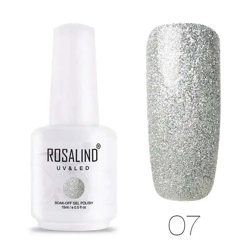 A bottle of rosalind uv&led soak-off gel polish in a shimmering silver glitter finish, labeled as shade 07.