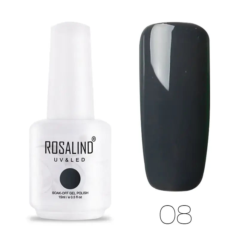 White bottle of rosalind uv&led soak-off gel polish in a sleek, glossy black shade labeled as #08.