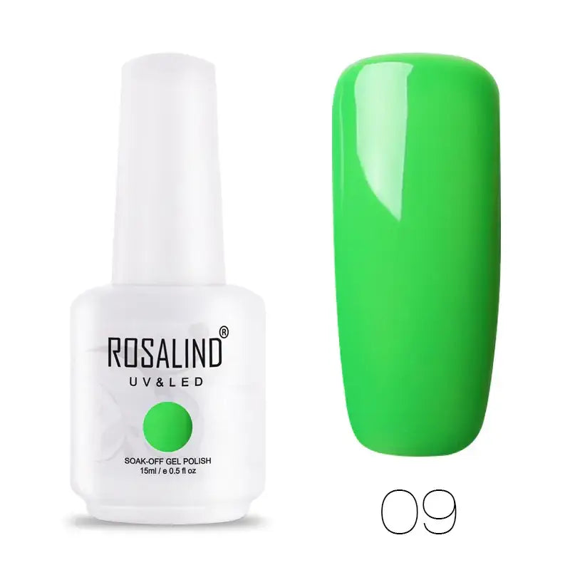 Bright neon green soak-off gel nail polish in a white bottle labeled rosalind uv & led.