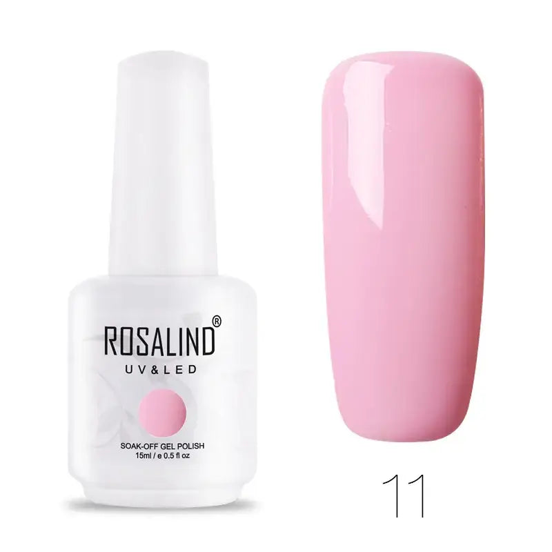 A sleek white bottle of rosalind uv&led soak-off gel polish, featuring a soft pink shade labeled as #11.