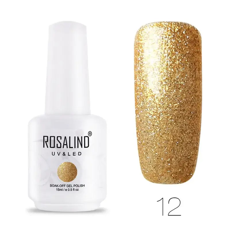 Rosalind uv&led soak-off gel polish in a white bottle with gold glitter finish, shade 12.
