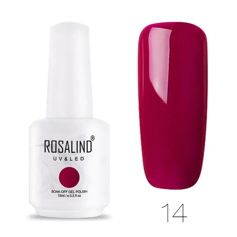 Rosalind uv & led soak-off gel polish in a white bottle with a matching cap, featuring a vibrant deep red color.