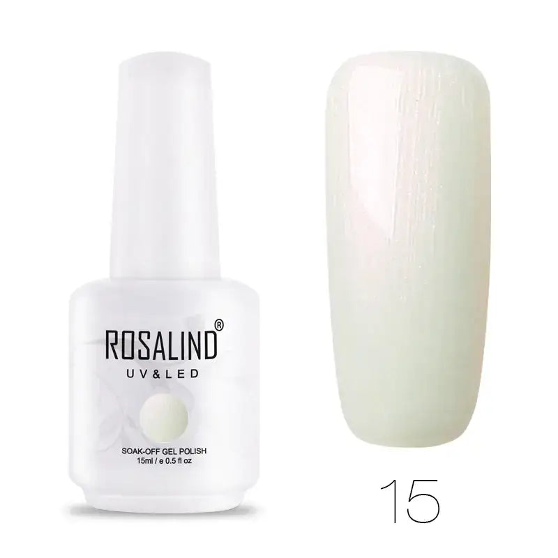 White rosalind uv & led soak-off gel polish in shade 15, shown next to a nail swatch displaying its creamy pearlescent finish.