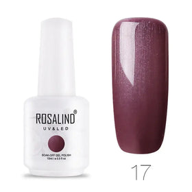A sleek white bottle of rosalind uv&led soak-off gel polish, featuring a deep burgundy shade with subtle shimmer.