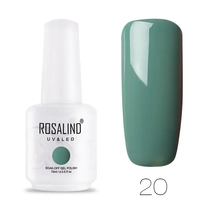 Rosalind uv & led soak-off gel polish in a sleek white bottle with a matte finish, featuring a solid teal color and a glossy nail swatch.