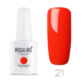 Bright red, glossy soak-off gel nail polish in a white bottle labeled ’rosalind uv&led’ with the shade number 21.