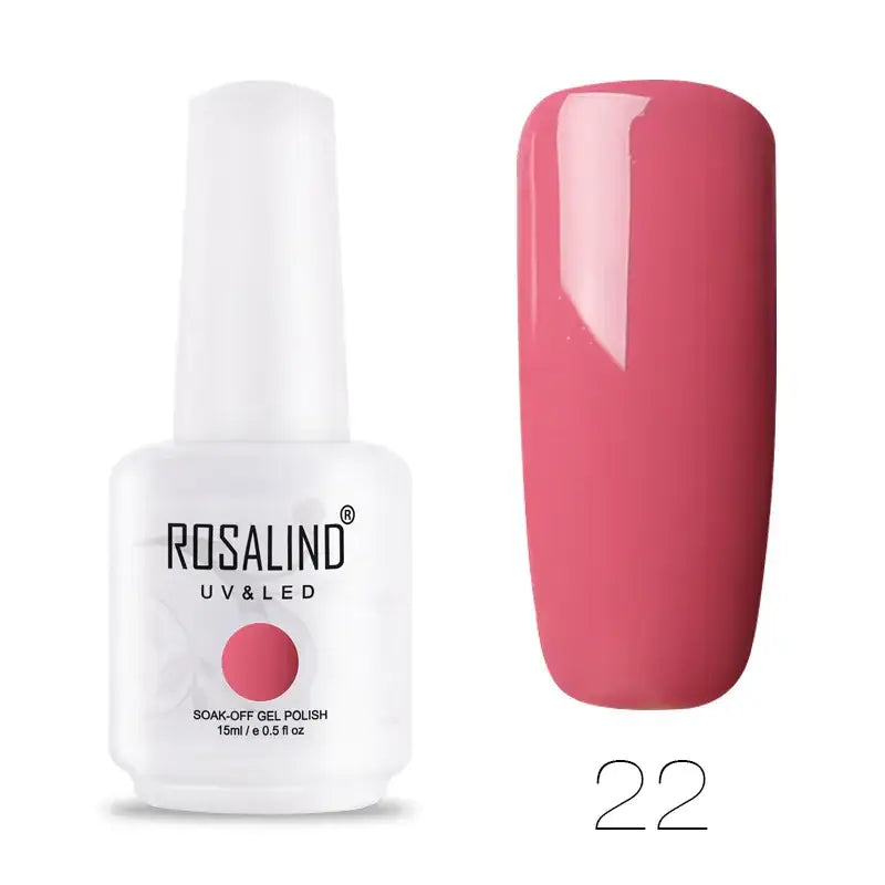 A sleek white bottle of rosalind uv&led soak-off gel polish, featuring a glossy pink shade labeled as #22.