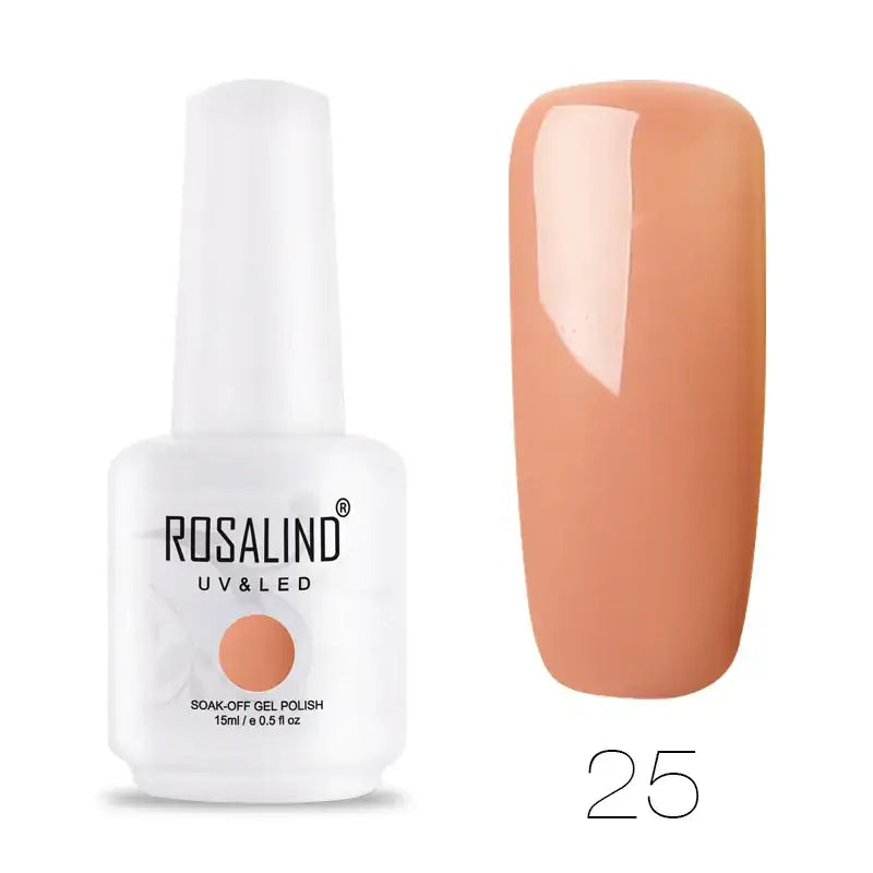 Rosalind uv & led soak-off gel polish in a sleek white bottle, featuring a soft peachy nude shade with a glossy finish.
