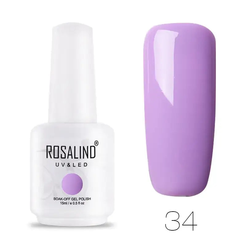 A sleek white bottle of rosalind uv & led soak-off gel polish, featuring a lavender shade labeled as #34.
