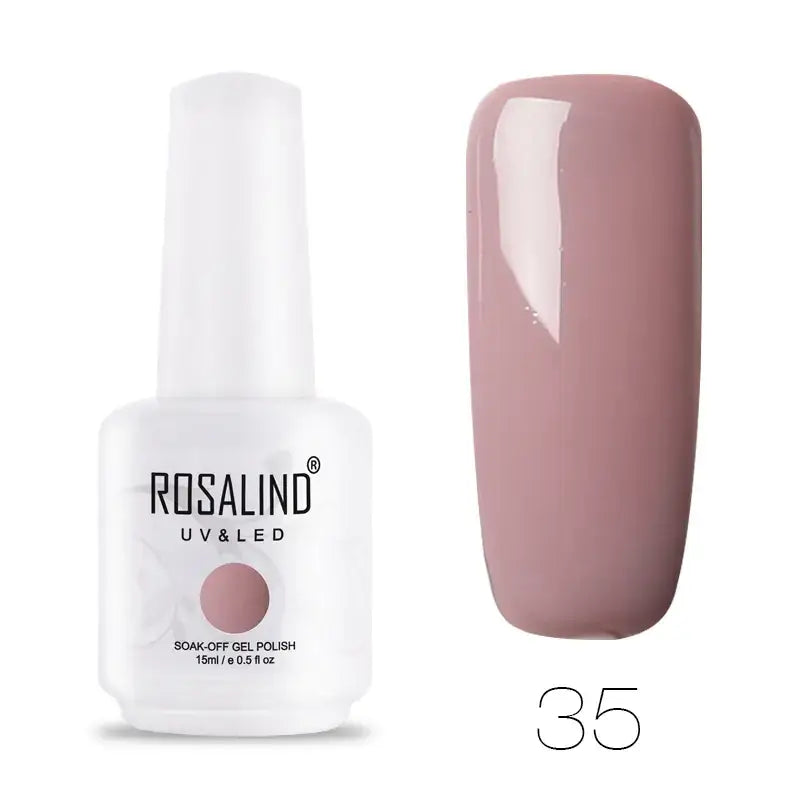 A sleek white bottle of rosalind uv&led soak-off gel polish, featuring a matte pink swatch labeled with the number 35.