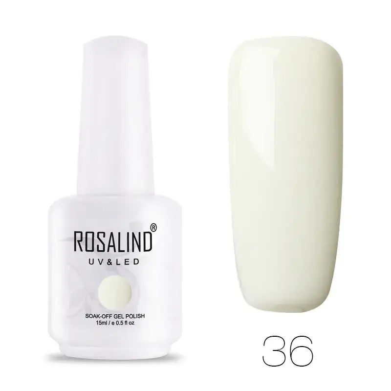 A sleek white bottle of rosalind uv & led soak-off gel polish, featuring a glossy off-white nail swatch labeled with the shade number 36.