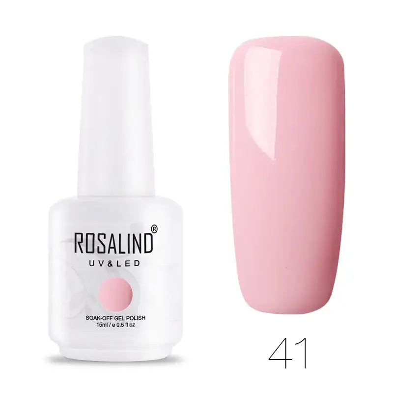 A sleek white bottle of rosalind uv & led soak-off gel polish, featuring a soft pink shade labeled as #41.