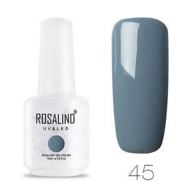 Rosalind uv & led soak-off gel polish in a sleek white bottle, featuring a matte gray nail swatch labeled with the shade number 45.