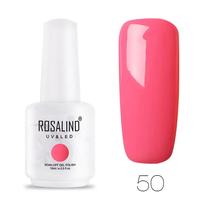 A vibrant pink soak-off gel nail polish in a white bottle labeled rosalind uv & led, featuring a glossy finish and 15ml capacity.