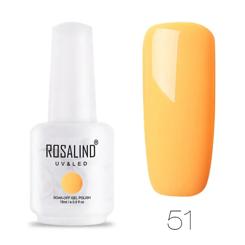 A vibrant orange soak-off gel nail polish in a white bottle labeled ’rosalind uv&led’ with the shade number 51.