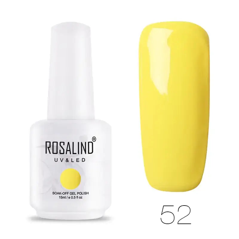 A vibrant yellow soak-off gel nail polish in a white bottle labeled ’rosalind uv & led’ with the shade number 52.