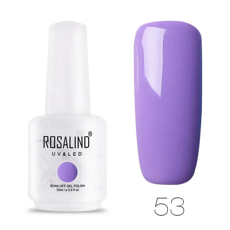 A sleek white bottle of rosalind uv&led soak-off gel polish, featuring a purple circular accent and labeled with the shade number 53.