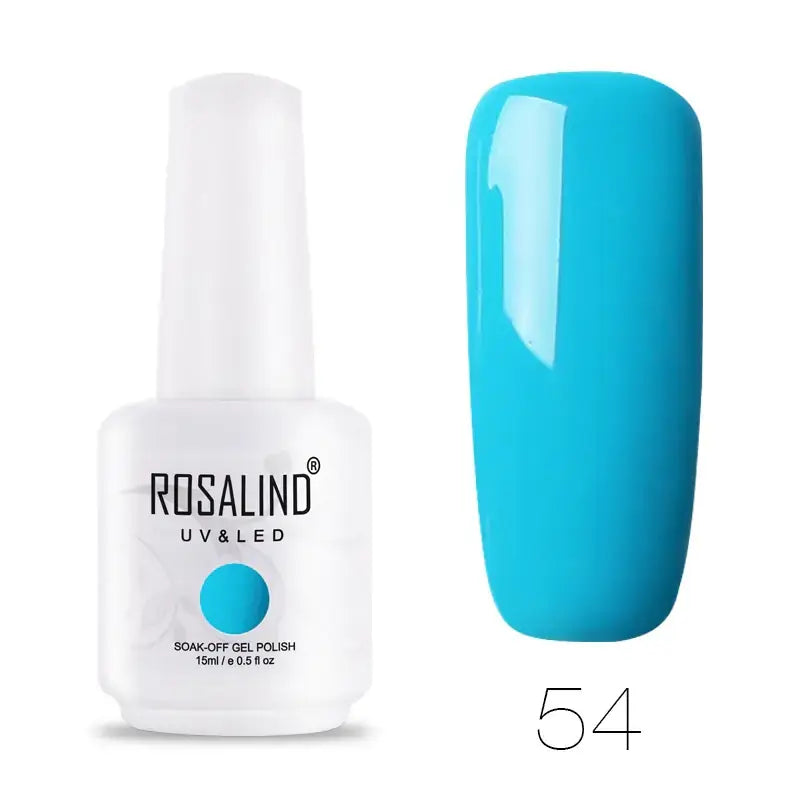 A vibrant turquoise blue soak-off gel nail polish in a white bottle with the brand name rosalind.
