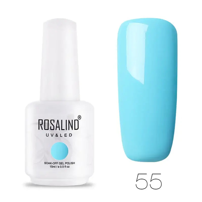 A sleek white bottle of rosalind uv&led soak-off gel polish, featuring a light blue circular accent and labeled with the shade number 55.