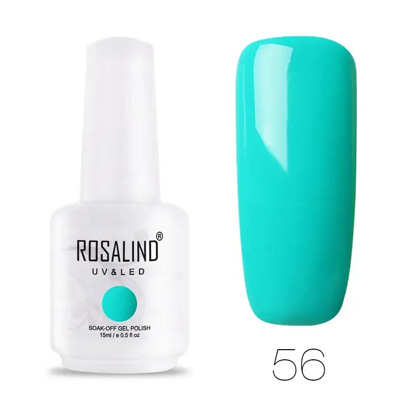 A vibrant teal-colored soak-off gel nail polish in a white bottle labeled rosalind uv&led, featuring the shade number 56.