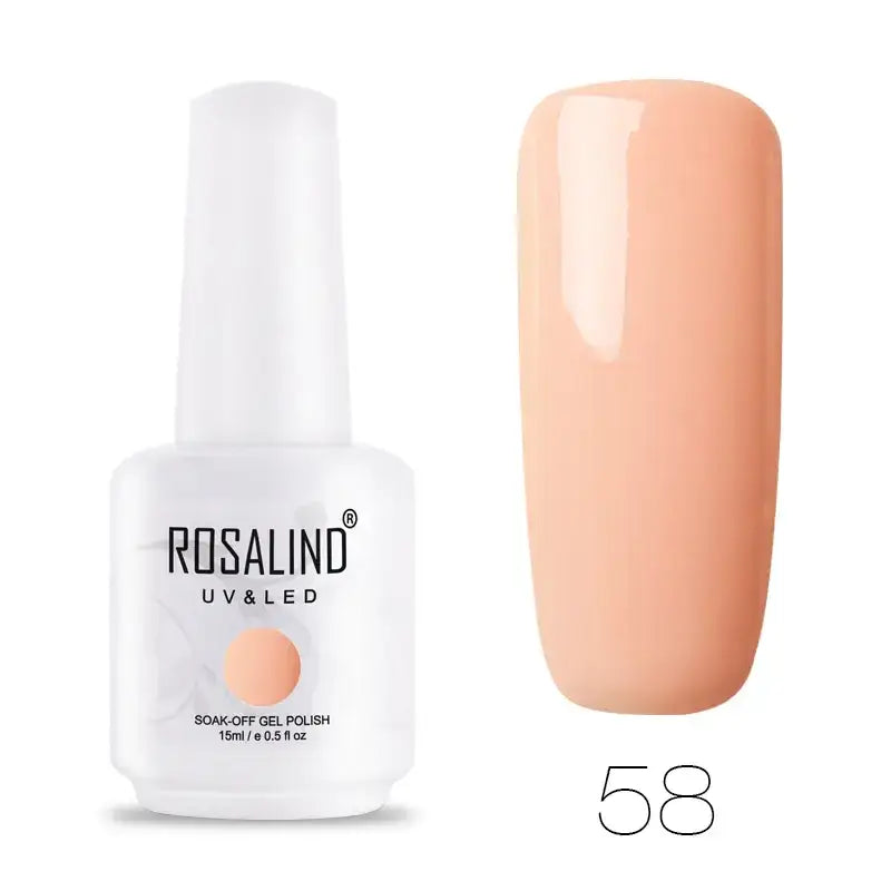 A sleek white bottle of rosalind uv & led soak-off gel polish, featuring a minimalist design with black text and an orange swatch on the label.