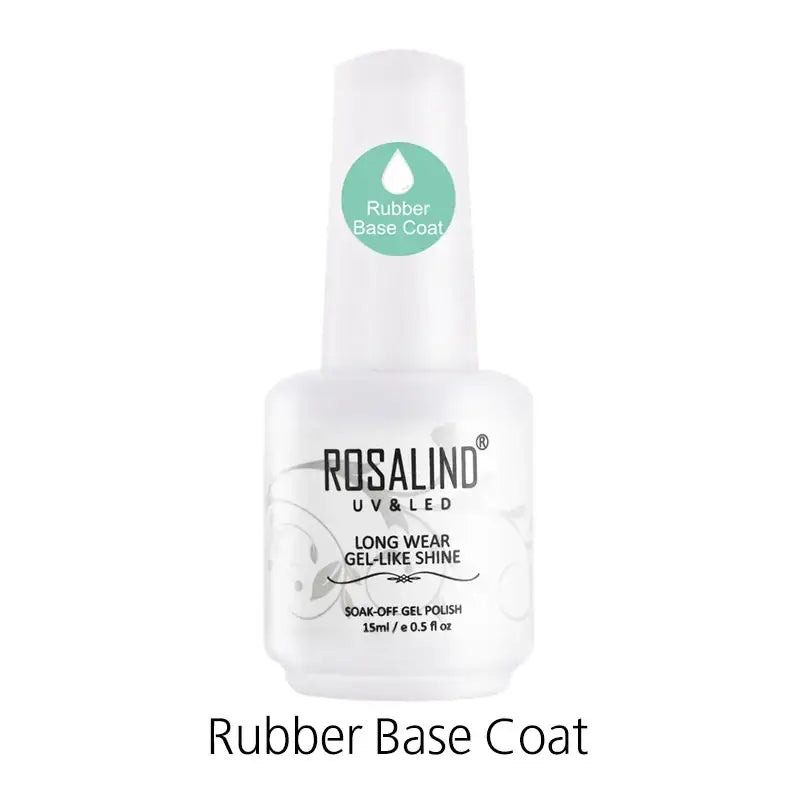 White plastic bottle of rosalind uv&led long wear gel-like shine soak-off gel polish, labeled as a rubber base coat with 15ml capacity.