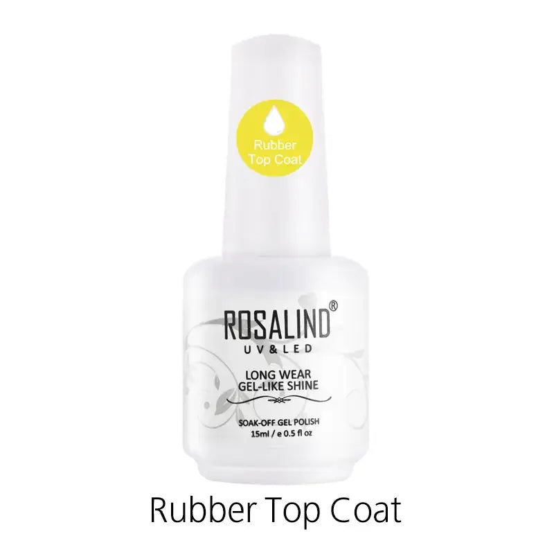 White rosalind uv & led long wear gel-like shine soak-off gel polish bottle with a yellow label indicating ’rubber top coat’ and 15ml capacity.
