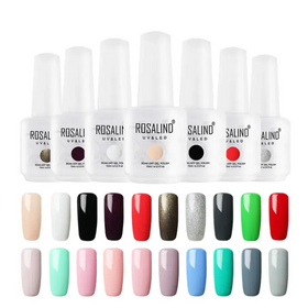 Set of eight rosalind uv&led soak-off gel nail polishes in clear bottles with white caps, featuring a variety of colors and finishes including matte, glitter, metallics, and solid hues.